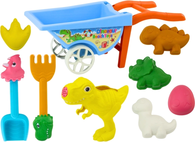 Set pentru nisip cu dinozauri: roabă, lopățică, greblă, stropitoare și 6 forme
