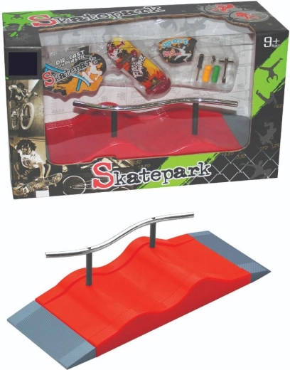 Set skatepark pentru fingerboard cu rampă, balustradă și accesorii
