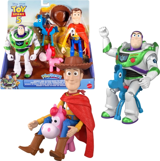 Mattel Disney Pixar Toy Story 5 set de figurine Woody și Buzz Lightyear Hi‑Tech + 2 ponei