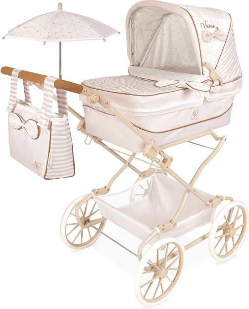 Cărucior pliabil pentru păpuși REBORN Verona cu umbrelă de soare și accesorii, înălțime mâner 65–90 cm