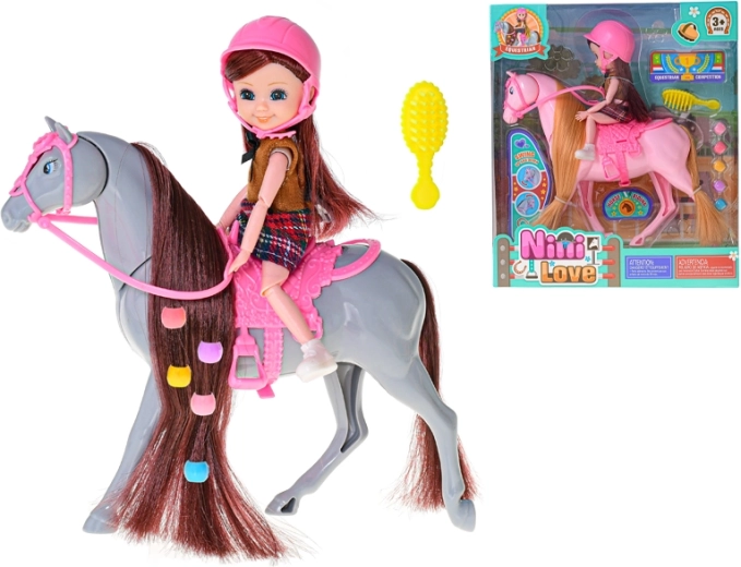Păpușă călăreață cu cal și accesorii