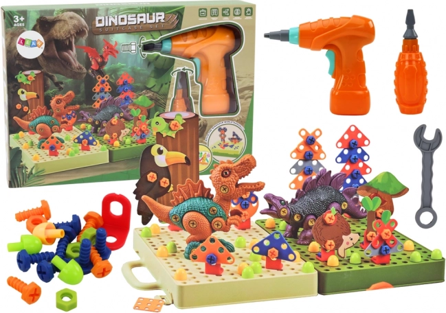 Set de construcție 3D cu dinozauri și bormașină, în valiză