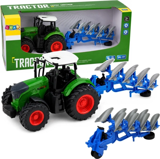 Tractor agricol la scară 1:24 cu plug cu mai multe brăzdare și roți din cauciuc