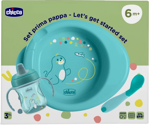 Chicco set de pornire pentru hrănire – farfurie, cană de antrenament și linguriță albastră 6m+