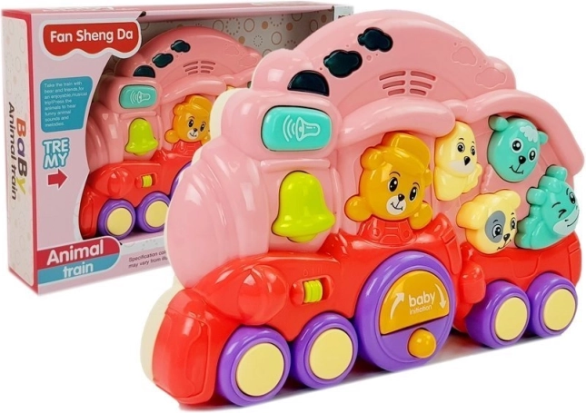 Locomotivă interactivă roz cu animale și efecte de lumină
