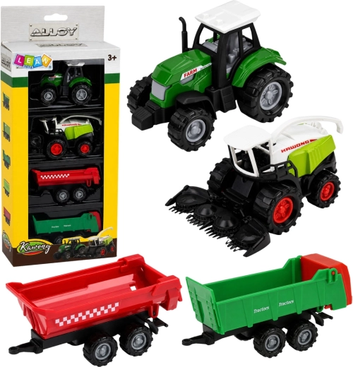 Set de vehicule agricole 1:68 – tractor, combină de recoltat și 2 remorci (4 buc.)