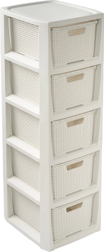 Dulap de depozitare cu aspect de ratan, cu 5 sertare, alb, 80 cm