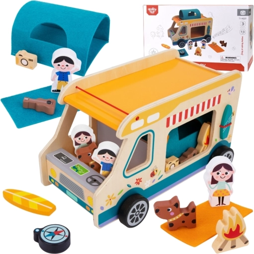 Caravana din lemn de la Tooky Toy cu figurine pentru camping