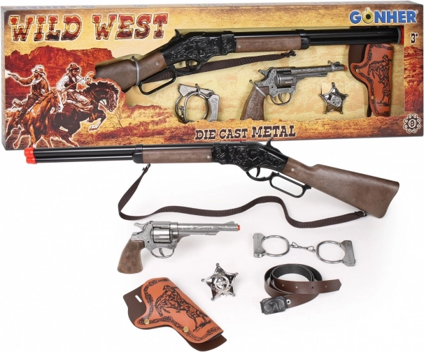 Set cowboy – pușcă, revolver, cătușe și stea de șerif pentru capse