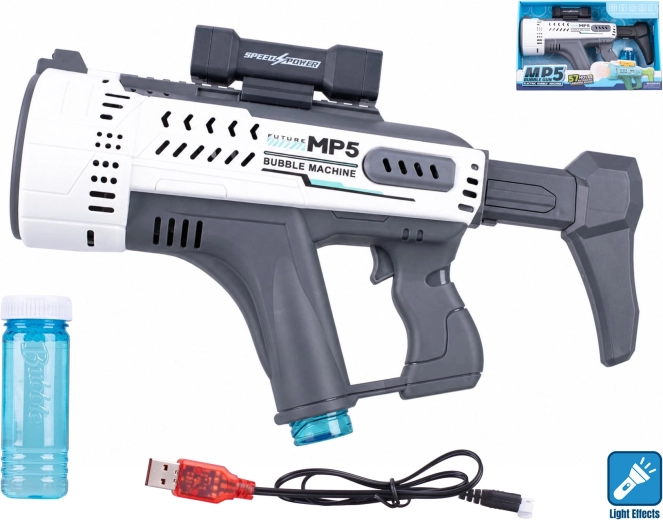 Pistol alb de făcut baloane în stil MP5 cu efect luminos, 44 cm