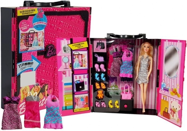 dulap modern pentru păpuși, troller roz cu set de accesorii