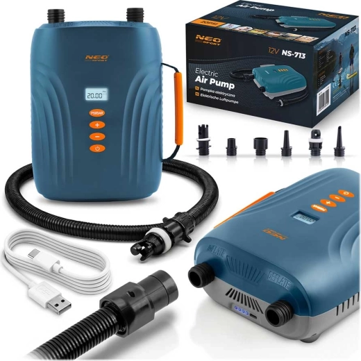 Pompă electrică fără fir Neo-Sport pentru SUP și echipamente gonflabile, cu acumulator, 20 PSI și 6 adaptoare