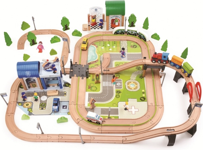 2Kids Toys circuit feroviar din lemn oraș și sat, 200 de piese