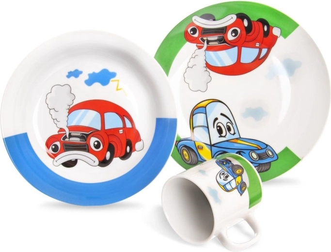Set de mic dejun din porțelan pentru copii Orion mașinuțe, 3 piese