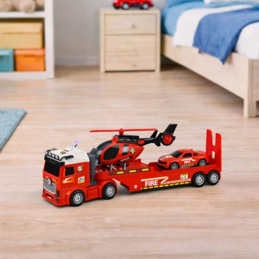 Camion cu remorcă platformă și rampă rabatabilă