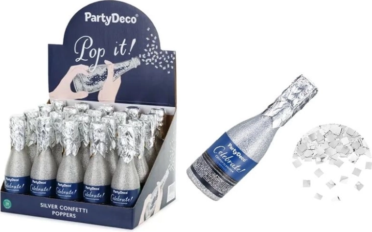 Tub cu confetti în formă de sticlă de șampanie, argintiu 20,5 cm