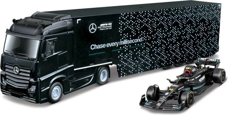 Bburago camion cu semiremorcă pentru F1 și model Mercedes-AMG Petronas W15 (2024) George Russell 1:43