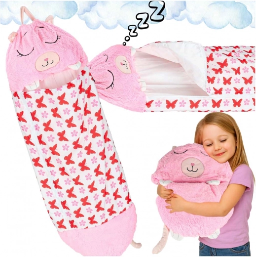 Sac de dormit pentru copii de călătorie 2‑în‑1 cu perniță 125 × 50 cm – roz