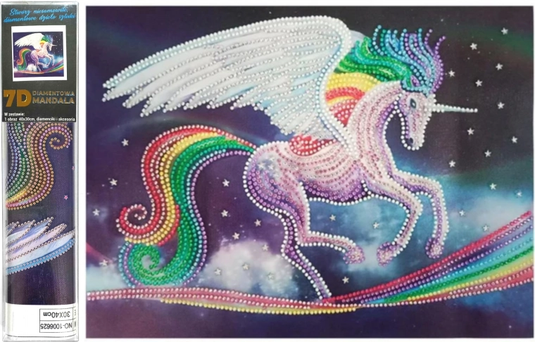 Pictură cu diamante 7D – unicorn curcubeu 30 × 40 cm