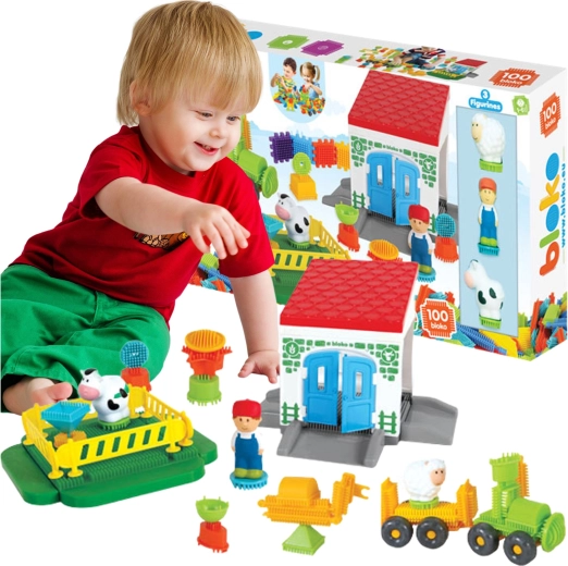 Set de construcție Mochtoys cu cuburi de îmbinare Ferma, 100 de piese și 3 figurine