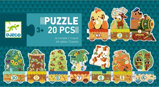 Puzzle Djeco tren cu animale și numere, 20 piese