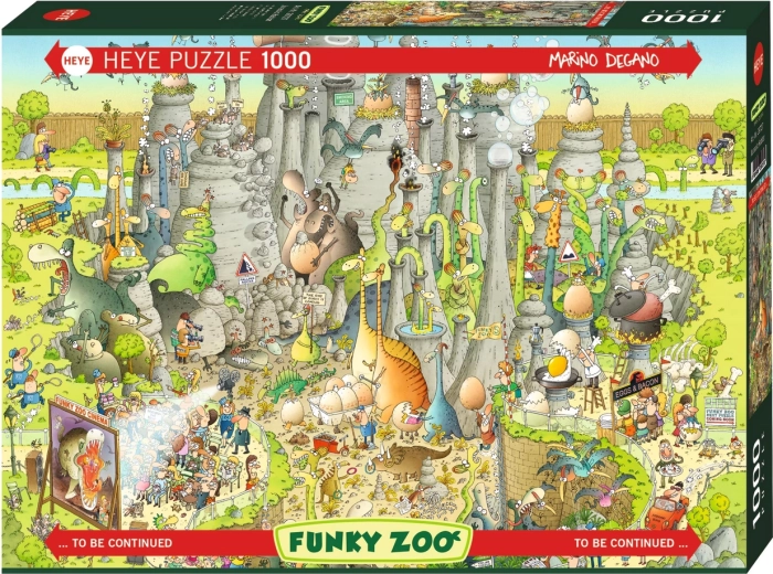 Puzzle HEYE Grădina zoologică nebunească: Expoziția Lumea Jurasică, 1000 de piese