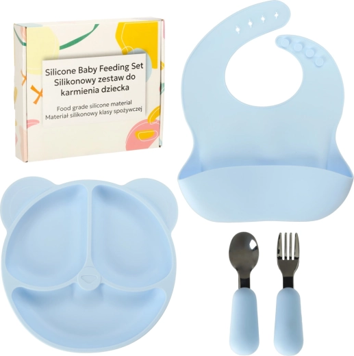 Set de veselă din silicon pentru copii, 4 piese, motiv ursuleț, albastru