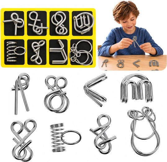 Puzzle-uri logice metalice din sârmă cu suport galben - 8 buc.
