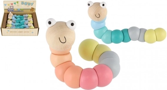 Vierme/omiduță articulară din lemn 16 cm – culori pastel, jucărie flexibilă pentru bebeluși