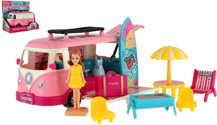 Rulotă roz pentru copii cu surf și accesorii