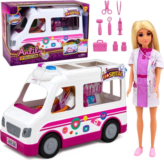 Păpușa Anlily doctoriță cu ambulanță cu lumini și sunete