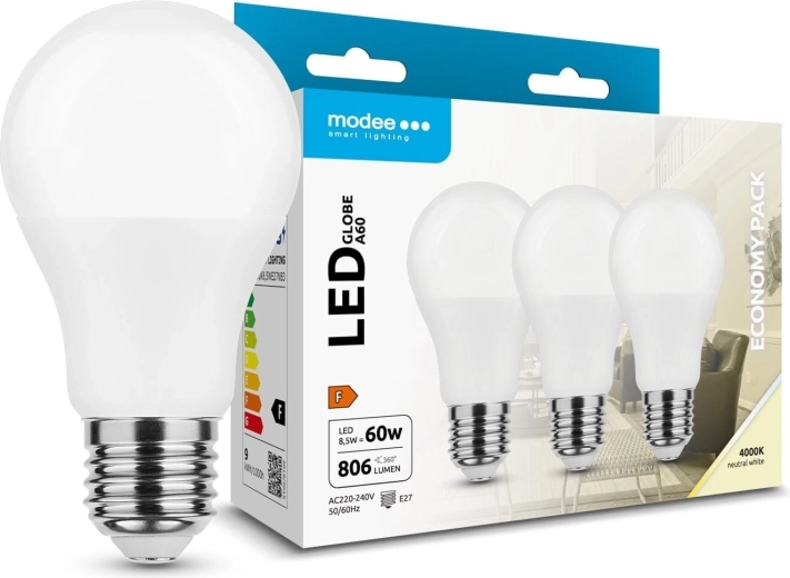 Modee LED bec Globe A60 8,5 W E27, 806 lm, alb neutru, pachet 3 buc
