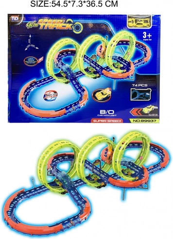 Pistă de curse luminoasă pentru copii 3+ cu 3 bucle 360° și mașinuță LED, 74 piese