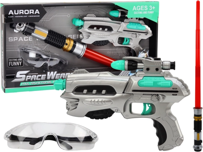 set cosmic cu sabie luminoasă, pistol și ochelari de protecție