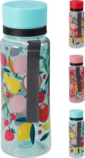 Sticlă de băut din plastic 600 ml cu șnur – mix de decorațiuni fructate