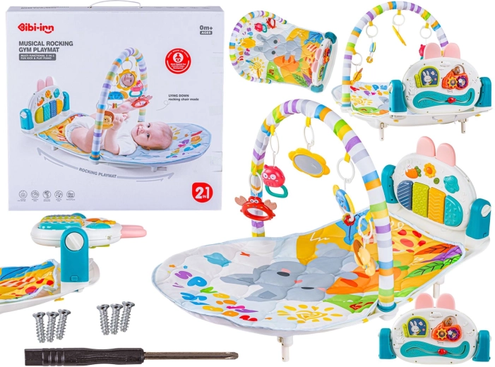 Șezlong interactiv pentru copii cu funcție de legănare și saltea de joacă cu mini pian, zornăitoare și proiector