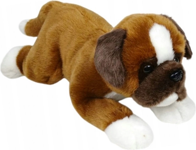 Câine boxer din pluș, culcat, 30 cm