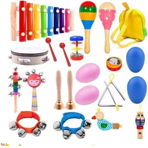 Set muzical din lemn pentru copii cu rucsac, 22 piese