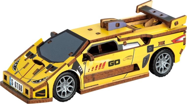 2Kids Toys puzzle 3D din lemn mașină sport galbenă