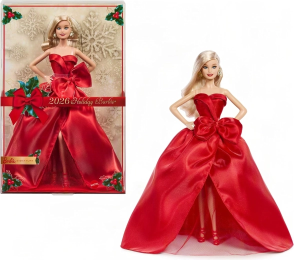 Păpușă colecționabilă festivă Barbie Signature 2026, blondă în rochie roșie
