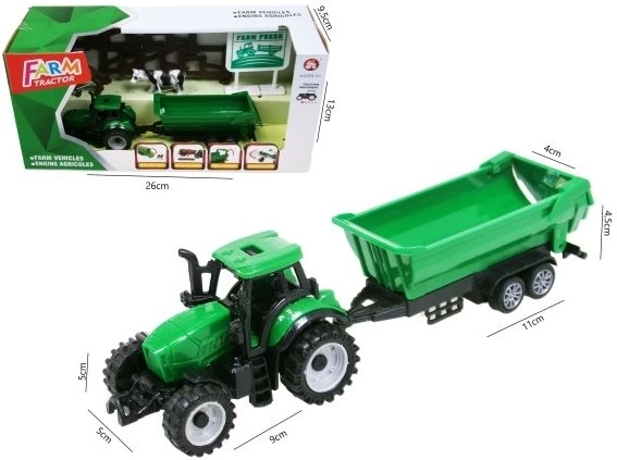 Tractor verde cu remorcă și accesorii