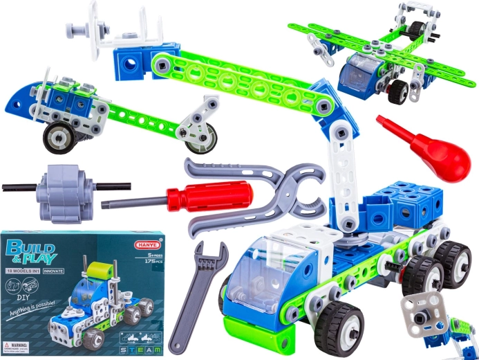Set de construcție 18 în 1 – vehicule și avion demontabile