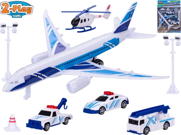 Avion pentru copii cu mecanism de întoarcere înapoi cu vehicule și accesorii 2-Play Traffic
