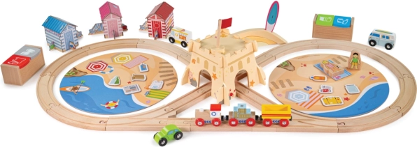 Circuit feroviar din lemn BIGJIGS RAIL curățenia coastei, 70 piese