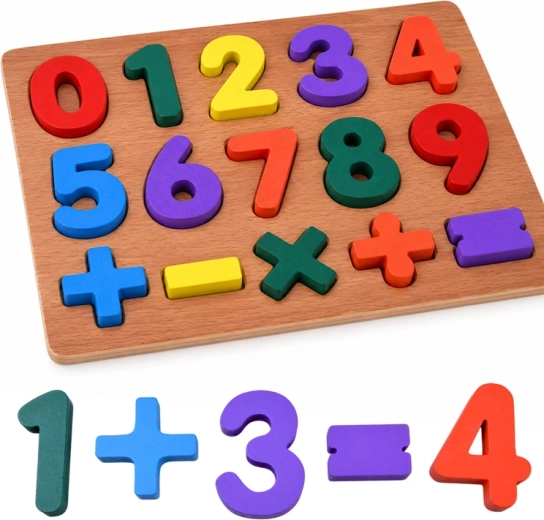 Puzzle educativ din lemn cu cifre și simboluri matematice