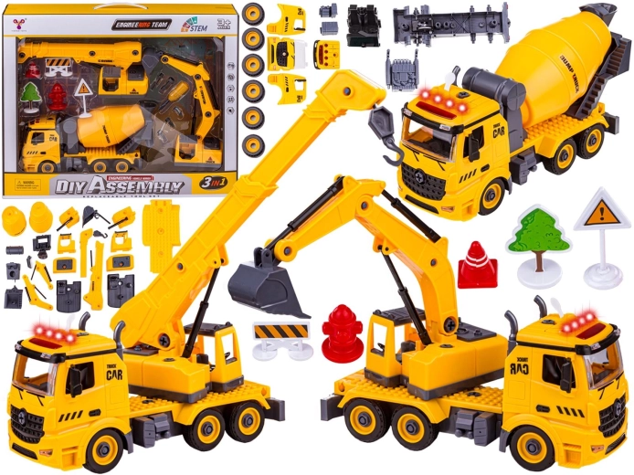 Camion de construcții demontabil 3 în 1 – betonieră, excavator și macara cu cârlig - 1 bucată