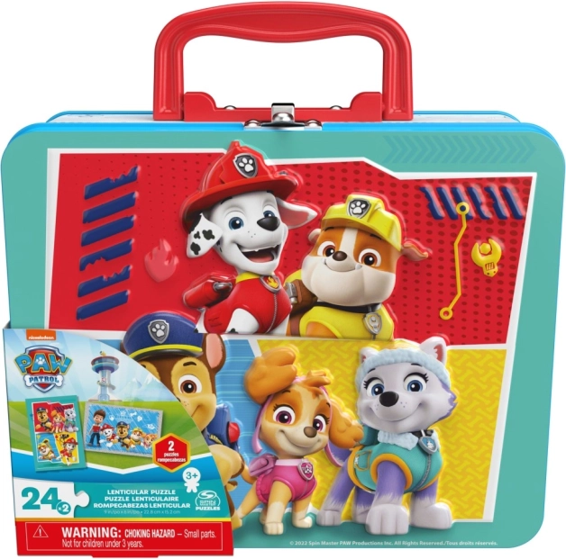 Puzzle Patrula Cățelușilor în cutie metalică 2×24 piese efect 3D