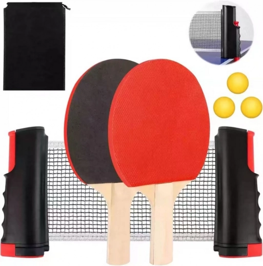 Set de tenis de masă – plasă telescopică, 2 palete și 3 mingi