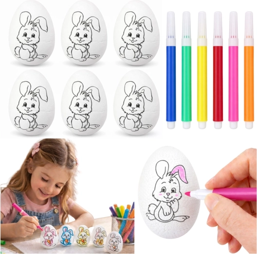 Ouă de Paște din polistiren pentru colorat, cu iepuraș și carioci - 6 buc.