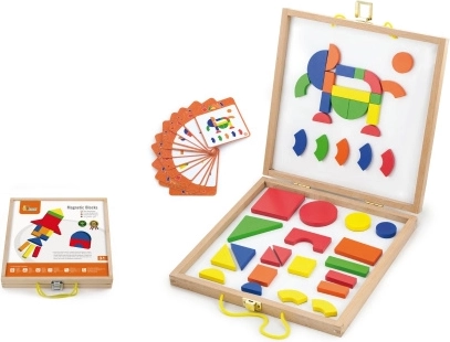 Set de construcție magnetic din lemn în valiză, 42 piese, 3+